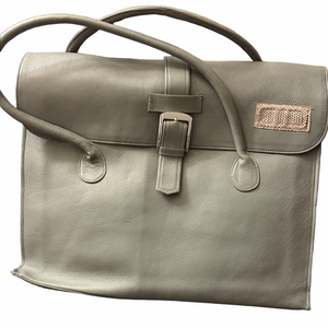 English Grey large Leather computer Attache bag Rare silver toned buckle.